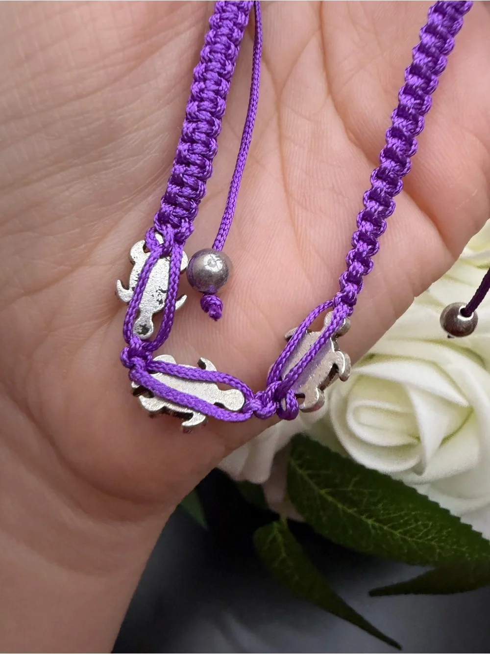 Purple Braided Bracelet with Silver Turtle Beads